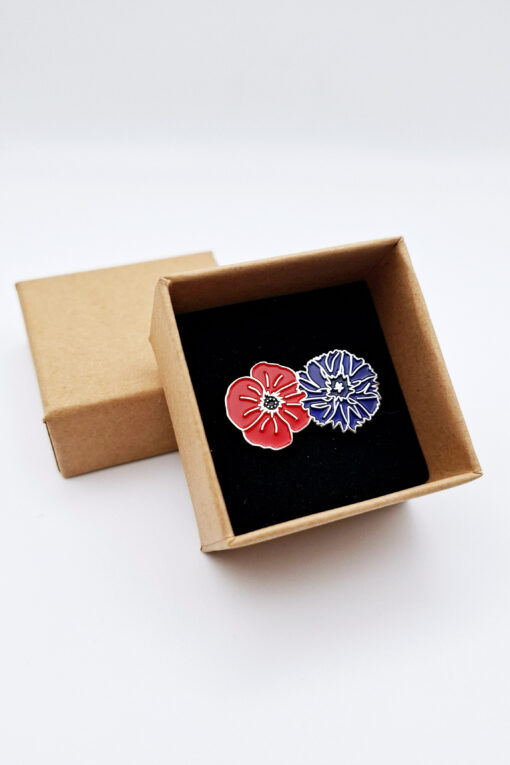 Insigne Bleuet-Coquelicot en métal émaillé dans son coffret cartonné